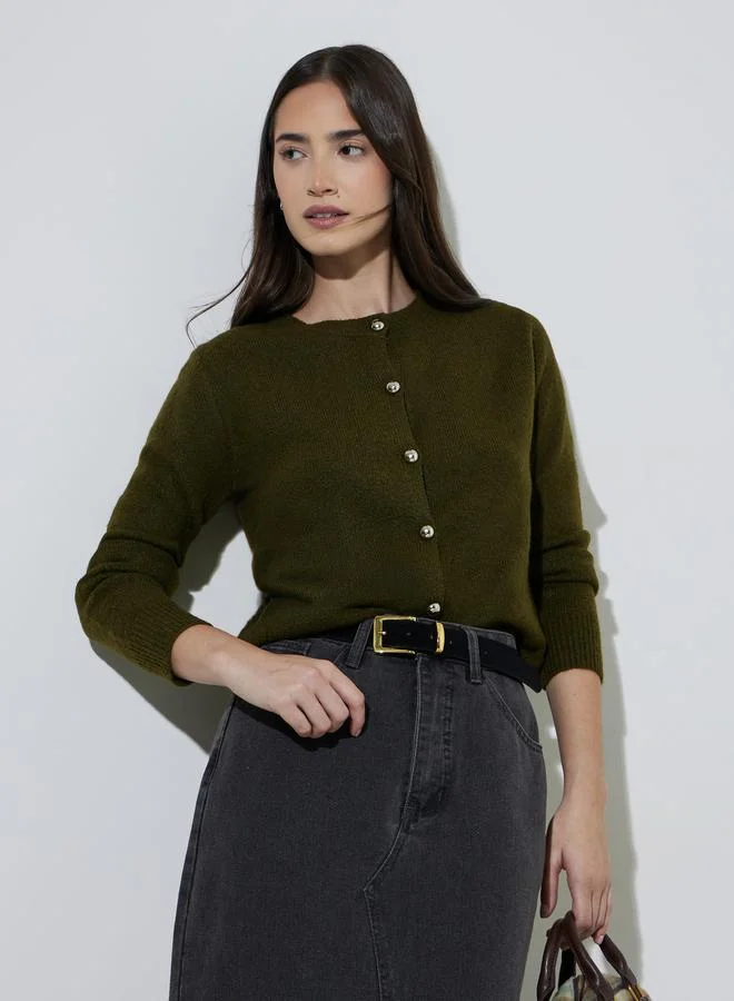 Styli Olive Green Round Neck Long Sleeves Regular Fit Cardiagan