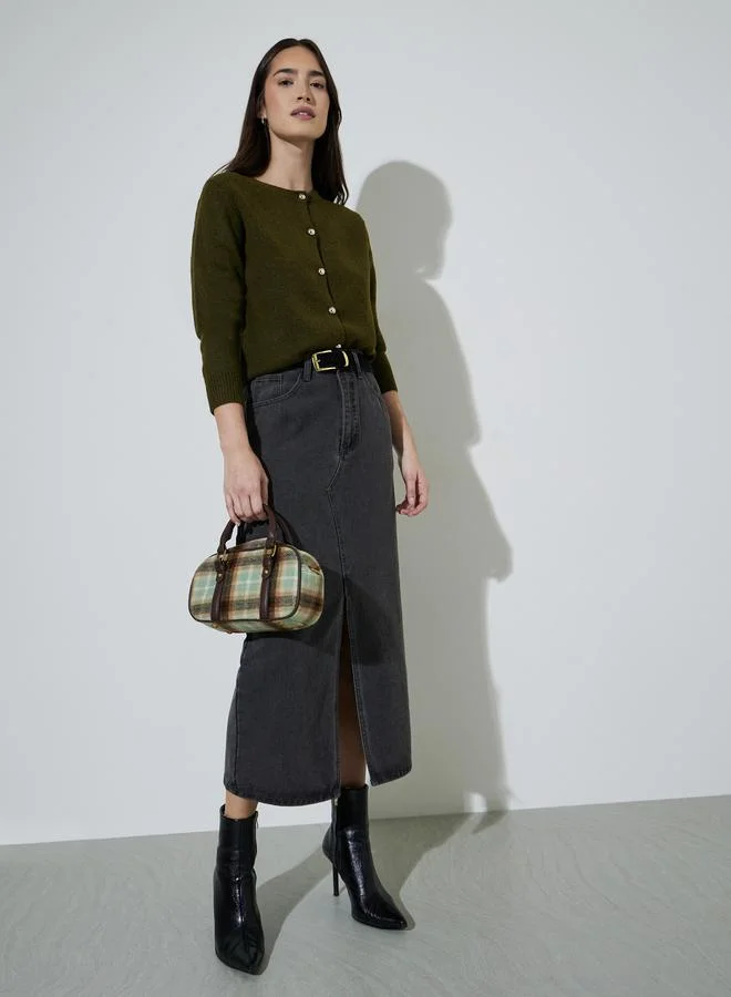 Styli Olive Green Round Neck Long Sleeves Regular Fit Cardiagan