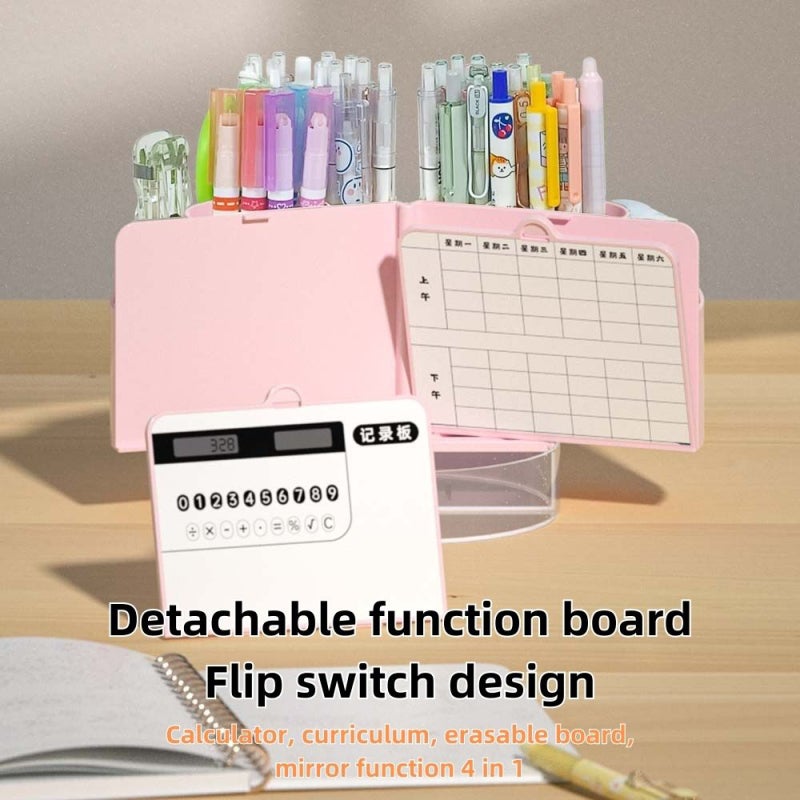 Cute Pencil Holder For Desk: 6-Compartment White 4-in-1 Multifunctional Organizer - With Phone Stand, Calculator, Whiteboard Mirror For Office Desk Organization - Image 3