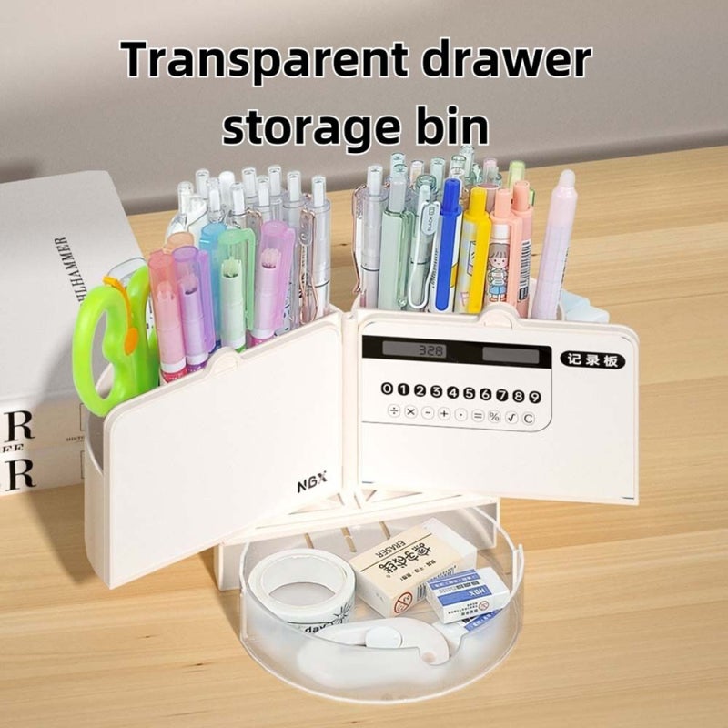 Cute Pencil Holder For Desk: 6-Compartment White 4-in-1 Multifunctional Organizer - With Phone Stand, Calculator, Whiteboard Mirror For Office Desk Organization - Image 2