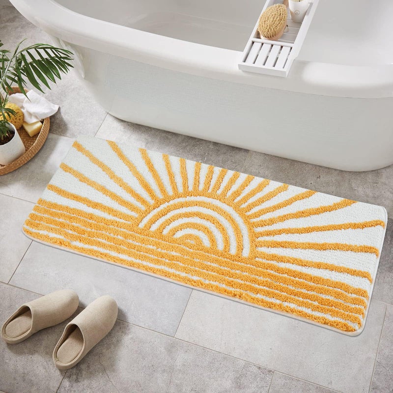 Uphome Boho Bathroom Runner Yellow and White Sun Long Bathroom Rugs Non Slip Water Absorbent Microfiber Bath Mat Modern Minimalism Machine Washable Bath Rugs for Bathtub Sink Shower 18x47 inch