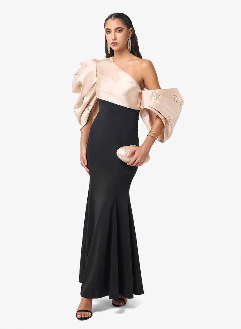 Two Tone One Shoullder Puff Sleeve Maxi Dress
