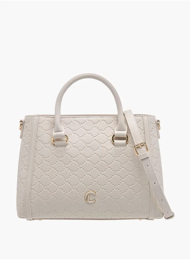 لو كونفورت Women Monogram Embossed Tote Bag with Detachable Strap and Zip Closure