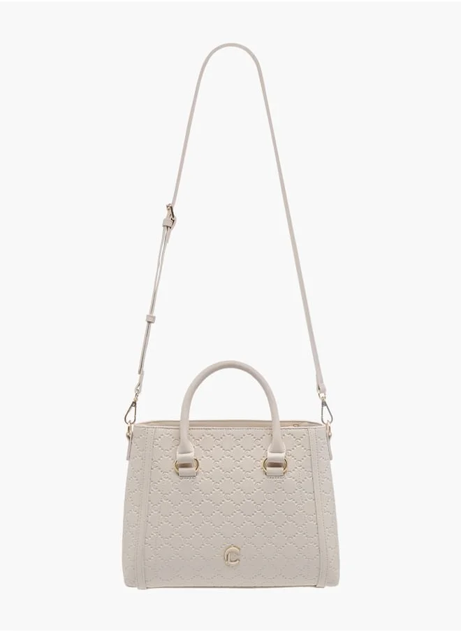 لو كونفورت Women Monogram Embossed Tote Bag with Detachable Strap and Zip Closure