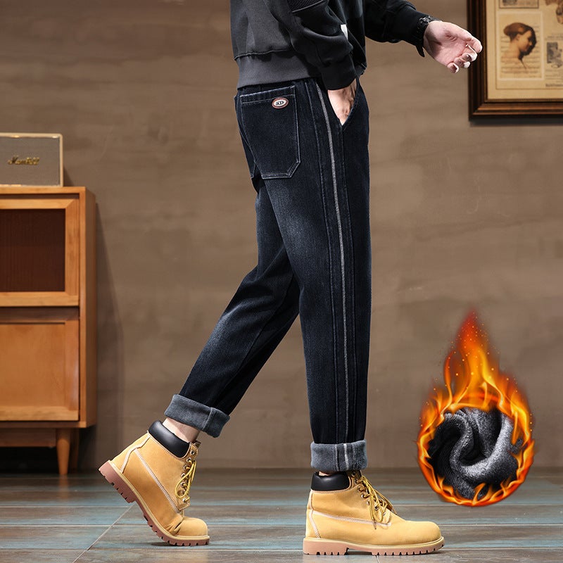 Men'S Jeans Fleece-Lined Elastic Waist Comfortable Straight Pants Boys Elastic Quality Comfortable Casual Pants Men