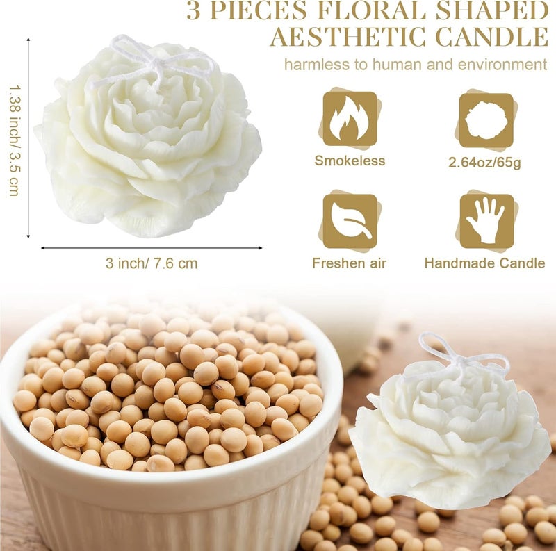 Roowest 3 Pcs Flower Shape Trendy Candles Floral Shaped Aesthetic Candle Soy Wax Cool Candles Handmade Minimalism Candles Decorative Candles for Home Spa Yoga Birthday Decor Wedding Party Gift Art, White - Image 2