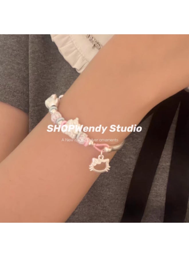 SHOPWendy | Silver 99 Cute Cartoon Kitty Castle Bow Braided Rope Bracelet Adjustable TYmy-Color:[bowtie + Crown Kitty + Castle] One Bracelet  - Image 5