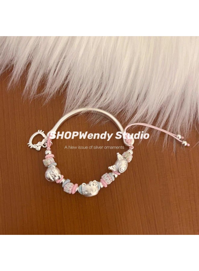SHOPWendy | Silver 99 Cute Cartoon Kitty Castle Bow Braided Rope Bracelet Adjustable TYmy-Color:[bowtie + Crown Kitty + Castle] One Bracelet  - Image 4
