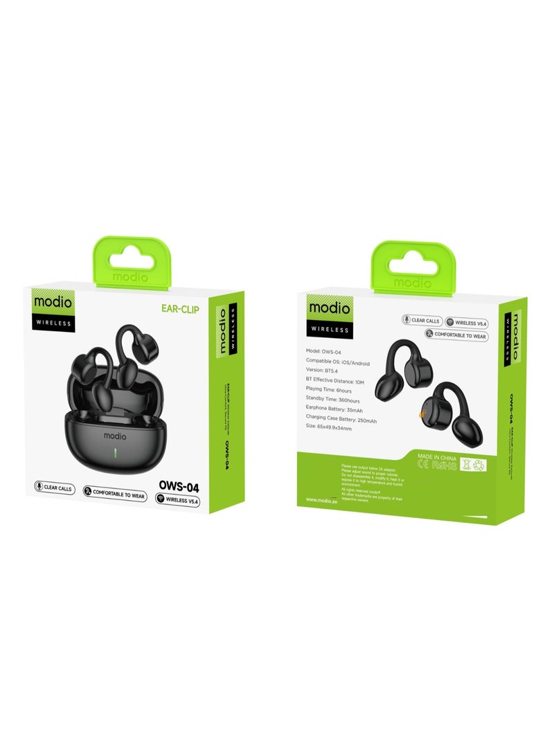 Modio OWS-04 Wireless Ear Clip Earbuds Bluetooth 5.4 Open-Ear Headphones with Charging Case Clear Calls Comfortable Fit and Multi Functional Touch Controls Black - Image 3