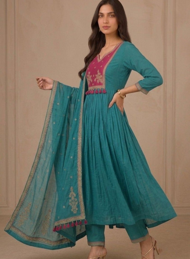 PRIYA’S PANACHE Muslin Anarkali Kurta Set for Women with Dupatta & Pants | Indian Ethnic Wear | Anarkali Salwar Suit | Women Kurta Set | Ladies Party Wear & Festive Dress | Light Green - Image 3