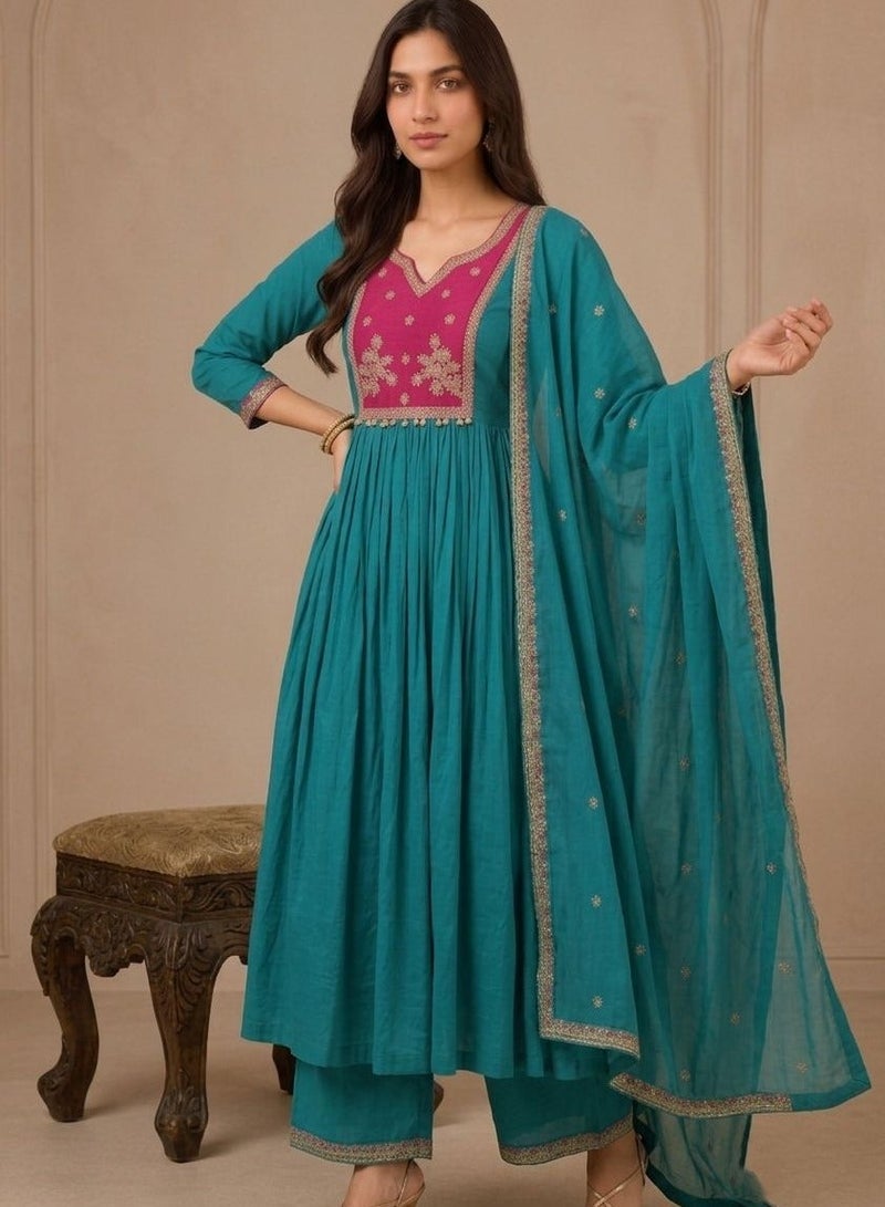 PRIYA’S PANACHE Muslin Anarkali Kurta Set for Women with Dupatta & Pants | Indian Ethnic Wear | Anarkali Salwar Suit | Women Kurta Set | Ladies Party Wear & Festive Dress | Light Green - Image 2