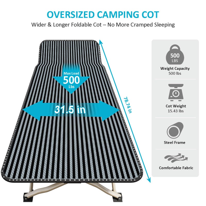 ATORPOK Oversized Camping Cot for Adults, Extra Wide 31.5'' Folding Bed with Carry Bag, Lightweight 500lbs Support, Portable Sleeping Cot for Home, Office, Camping - Image 3