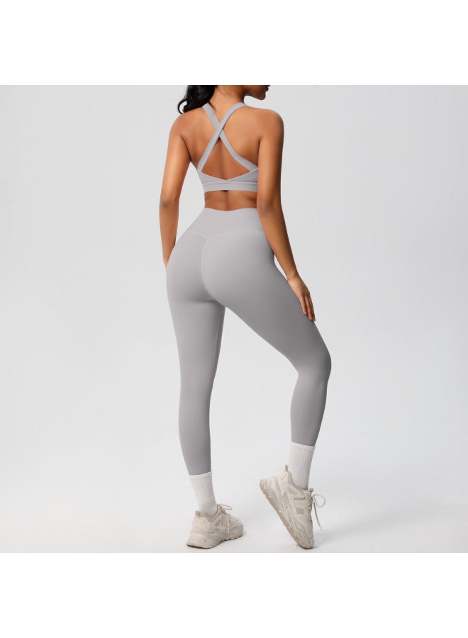 Song Feng Ya European And American Solid Color Vest Shockproof High Strength Pilates Bra Fitness Suit Naked Yoga Pants Outdoor Sports Suit  - Image 1