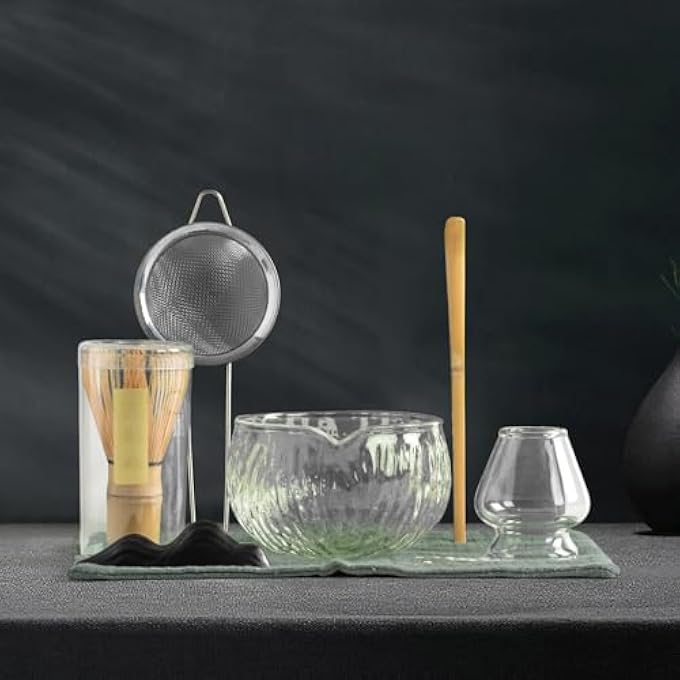 Exrp Japanese Tea Set 7Pcs  Matcha Whisk Set With Bowl Bamboo Whisk Chasen Scoop Chashaku Holder Pouring Spout  Tea Making Kit  White Glass - Image 3