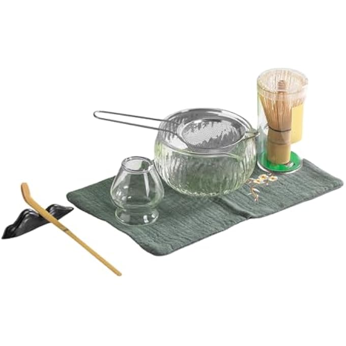 Exrp Japanese Tea Set 7Pcs  Matcha Whisk Set With Bowl Bamboo Whisk Chasen Scoop Chashaku Holder Pouring Spout  Tea Making Kit  White Glass - Image 1