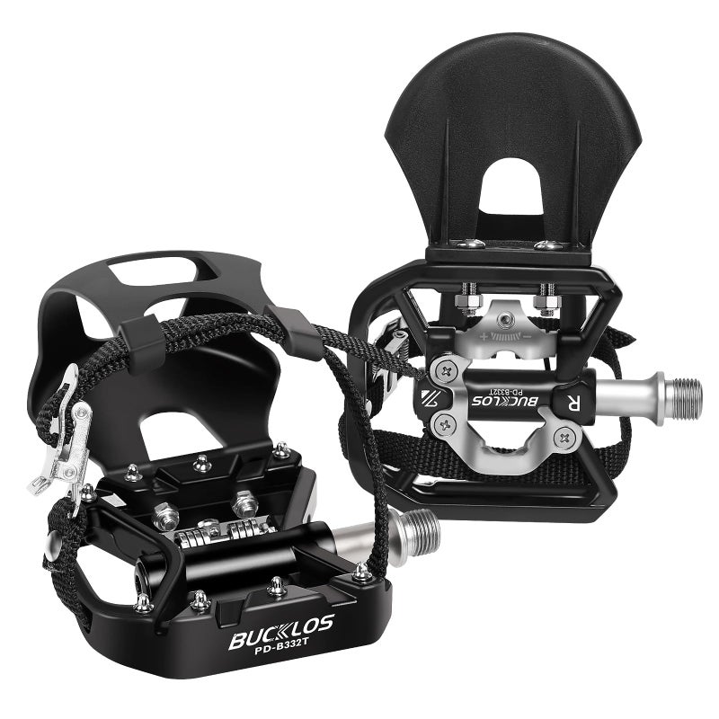 BUCKLOS SPD Pedals with Toe Cages and Straps - Bicycle Toe Clips Cage Compatible with Peloton Bike Spin Bike for Regular Shoes for Indoor/Outdoor Exercise Cycling - Image 1