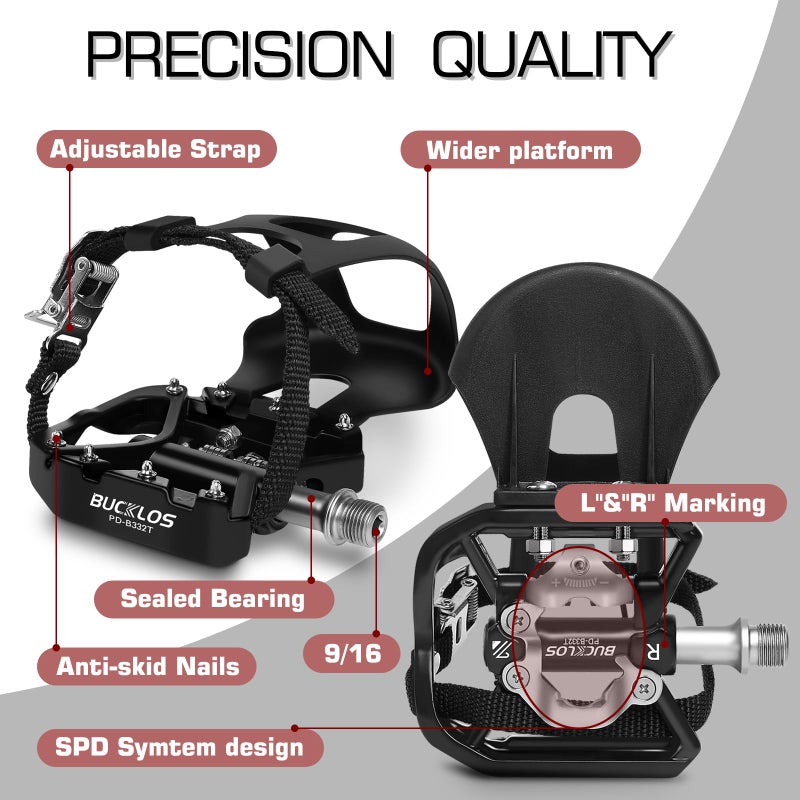 BUCKLOS SPD Pedals with Toe Cages and Straps - Bicycle Toe Clips Cage Compatible with Peloton Bike Spin Bike for Regular Shoes for Indoor/Outdoor Exercise Cycling - Image 3