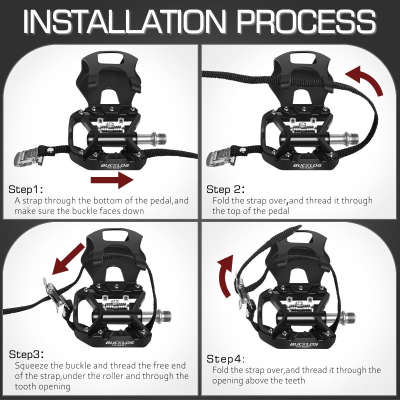 BUCKLOS SPD Pedals with Toe Cages and Straps - Bicycle Toe Clips Cage Compatible with Peloton Bike Spin Bike for Regular Shoes for Indoor/Outdoor Exercise Cycling - Image 4