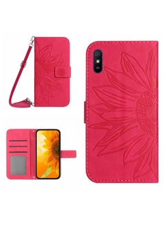 HuHa Case Cover For Xiaomi Redmi 9A / 9i Skin Feel Sun Flower Pattern Flip Leather Phone Case with Lanyard Rose Red 