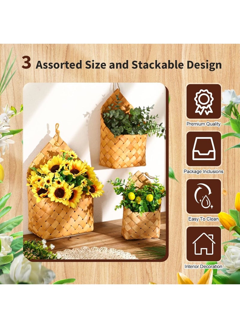 Excefore 3 Pcs Woven Hyacinth Hanging Wall Baskets, Rustic Wall-Mount Storage Organizers, Ideal for Kitchen, Bathroom, and Floral Display, 3 Different Sizes - Image 3