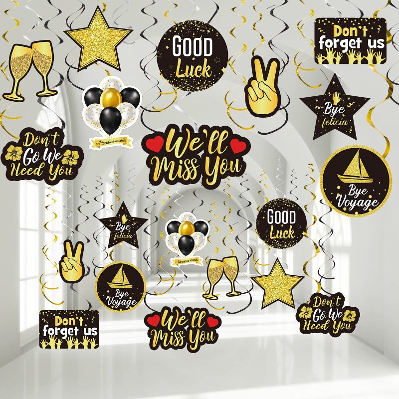 Outus 30 Pieces Farewell Party Decorations We Will Miss You Going Away Hanging Swirls Kit Good Luck Decoration for Going Away Retirement Coworker Goodbye Leaving Job Change Party SuppliesGold