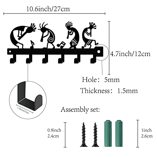 CREATCABIN Metal Key Holder Kokopelli Flute Music Black Wall Mounted Organizer Iron Rack Hanger Decorative 6 Hooks for Entryway Front Door Kitchen Garage Yoga Office,with Screws and Anchors 10.6inch - Image 2