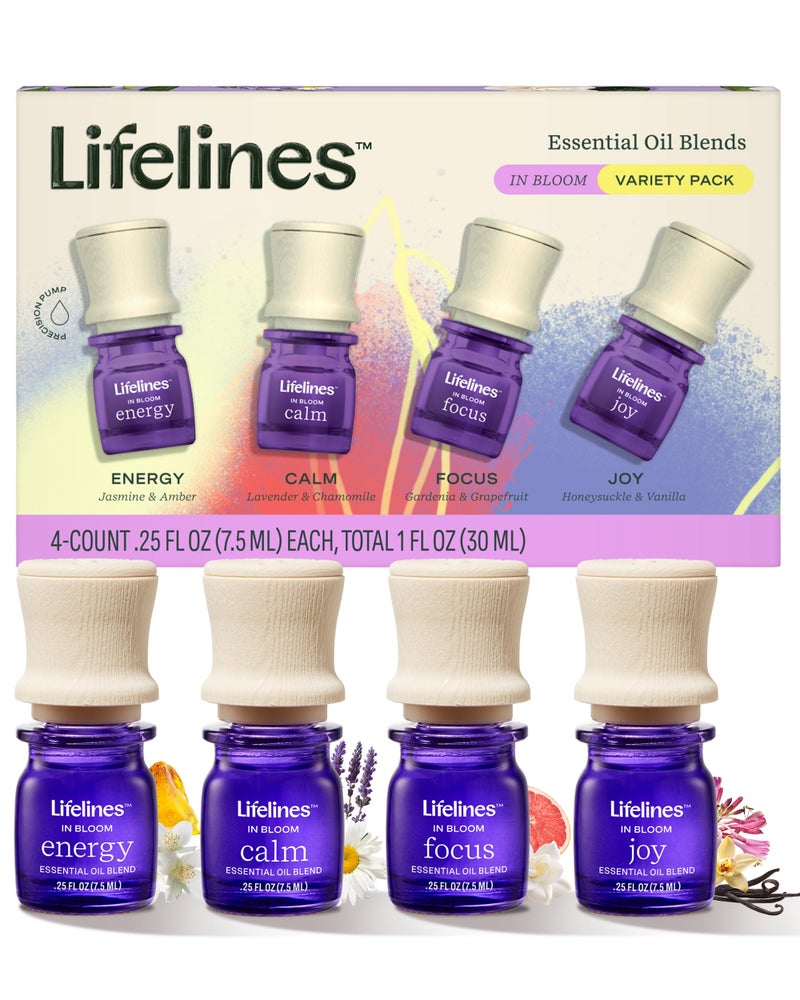 Lifelines Essential Oil Blends, 4-Pack - Blended Essential Oils with Precision Pump for Aromatherapy Diffusers - Long-Lasting Scented Fragrance - in Bloom (Joy, Calm, Focus & Energy) - Image 1