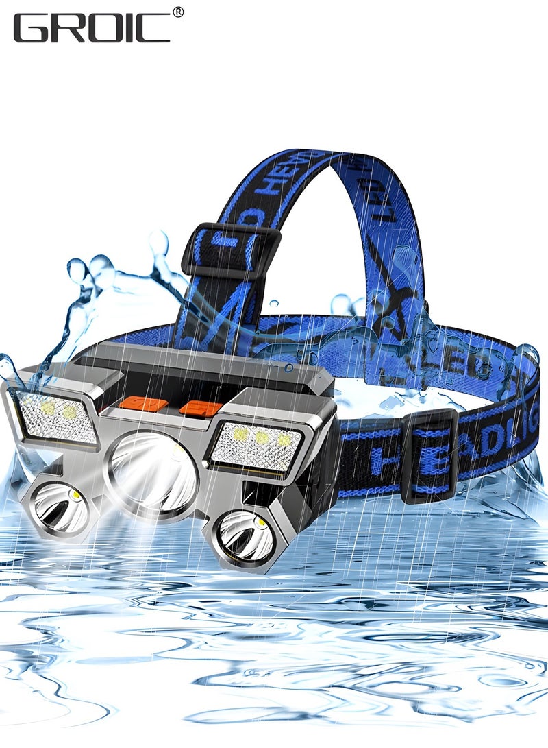 GROIC Super Bright Headlamp, USB Rechargeable Led Head Lamp,Waterproof Headlight with 4 Modes and Adjustable Headband, Hard Hat Light Perfect for Camping, Hiking - Image 1