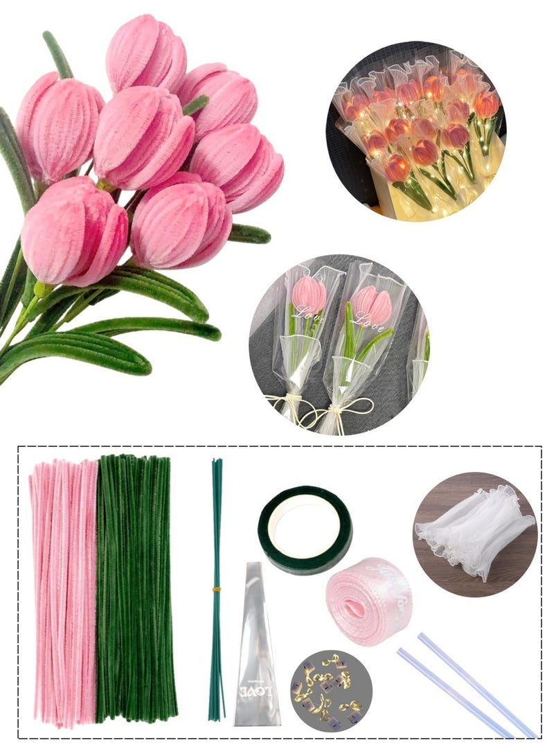 اعاره منظفات أنابيب على شكل زهرة التوليب للأعمال اليدوية، منظفات أنابيب للأعمال اليدوية مع سلسلة إضاءة، منظفات أنابيب خضراء ووردية بطول 30 سم، مستلزمات حرفية من العصي الوبرية، سيقان الشنيل مع عمود زهور، قلب زهور وشريط بستنة، فنون وحرف يدوية للأعمال اليدوية (8 زهور) - Image 1