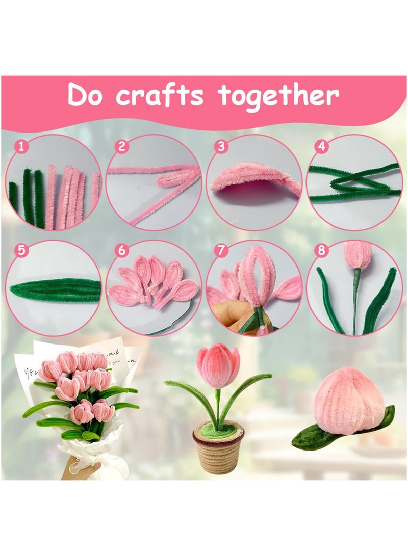 اعاره منظفات أنابيب على شكل زهرة التوليب للأعمال اليدوية، منظفات أنابيب للأعمال اليدوية مع سلسلة إضاءة، منظفات أنابيب خضراء ووردية بطول 30 سم، مستلزمات حرفية من العصي الوبرية، سيقان الشنيل مع عمود زهور، قلب زهور وشريط بستنة، فنون وحرف يدوية للأعمال اليدوية (8 زهور) - Image 2