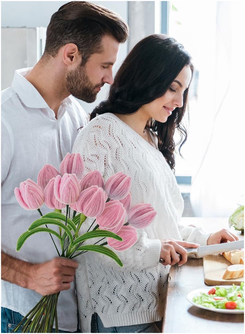 اعاره منظفات أنابيب على شكل زهرة التوليب للأعمال اليدوية، منظفات أنابيب للأعمال اليدوية مع سلسلة إضاءة، منظفات أنابيب خضراء ووردية بطول 30 سم، مستلزمات حرفية من العصي الوبرية، سيقان الشنيل مع عمود زهور، قلب زهور وشريط بستنة، فنون وحرف يدوية للأعمال اليدوية (8 زهور) - Image 4