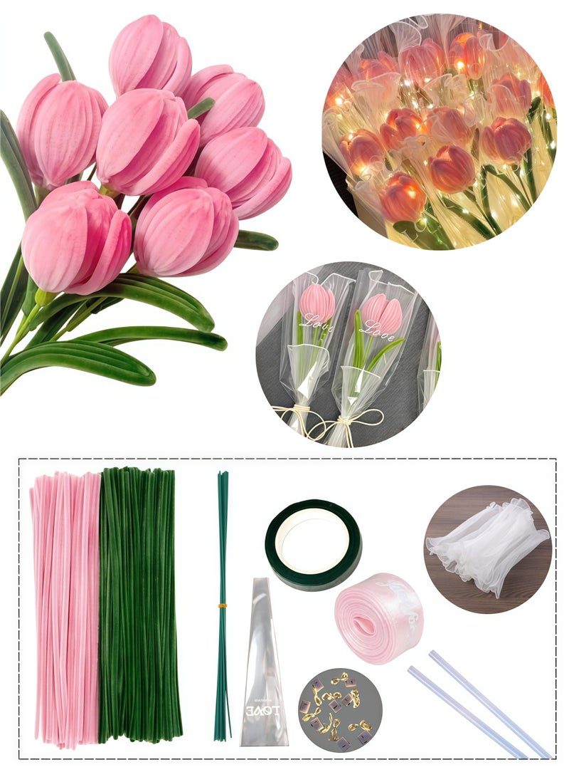 Eilimi Tulip Pipe Cleaners for Craft,Pipe Cleaners Craft with String Ligh,30cm Green and Pink Pipe Cleaners,Fuzzy Sticks Craft Supplies,Chenille Stems with Flower Pole,Flower Core & Gardening Tape,Arts & Crafts for DIY(8 Flowers) - Image 1