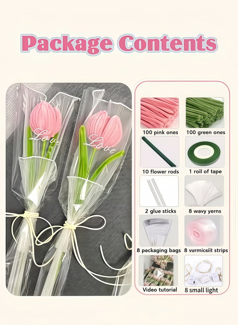 Eilimi Tulip Pipe Cleaners for Craft,Pipe Cleaners Craft with String Ligh,30cm Green and Pink Pipe Cleaners,Fuzzy Sticks Craft Supplies,Chenille Stems with Flower Pole,Flower Core & Gardening Tape,Arts & Crafts for DIY(8 Flowers) - Image 3