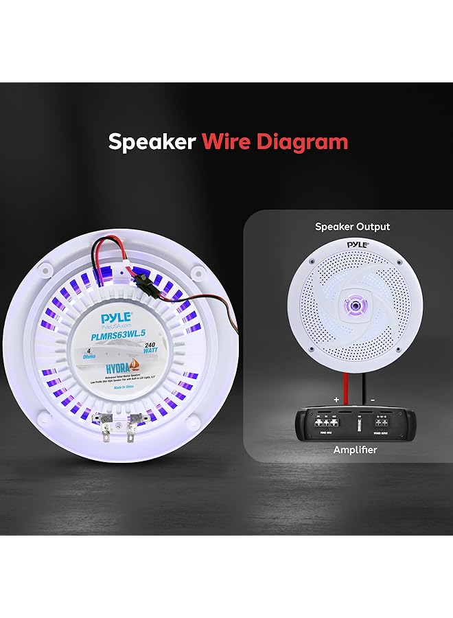 Pyle Low-Profile Waterproof Marine Speakers - 240W 6.5 Inch 2 Way 1 Pair Slim Style Waterproof Weather Resistant Outdoor Audio Stereo Sound System W/Blue Illuminating Led Lights - (White) - Image 4