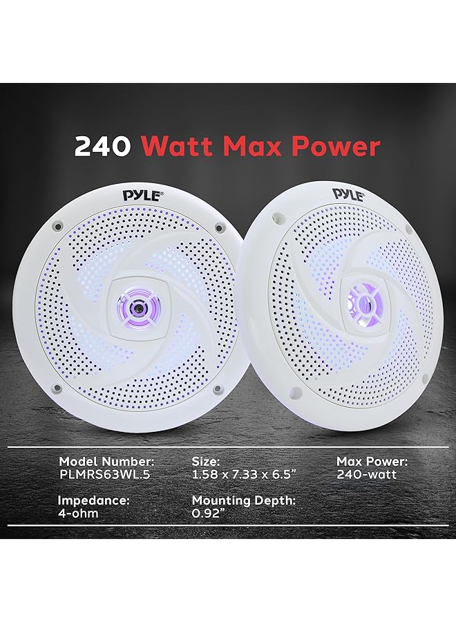 Pyle Low-Profile Waterproof Marine Speakers - 240W 6.5 Inch 2 Way 1 Pair Slim Style Waterproof Weather Resistant Outdoor Audio Stereo Sound System W/Blue Illuminating Led Lights - (White) - Image 2