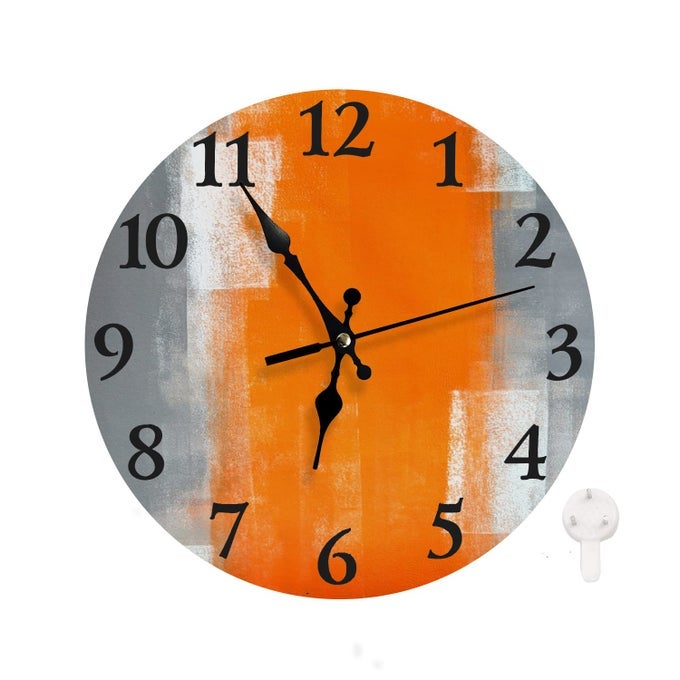 SILENT NON TICKING CLOCK 10 INCHROUND WALL CLOCKDECORATIVE FOR LIVING ROOM KITCHEN HOMEBATHROOM BEDROOM OFFICE OR SCHOOL GREY AND ORANGE ABSTRACT ART PAINTING GREY AND ORANGE
