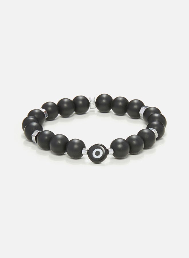 CHRYSOSTOMOS Handmade Beaded Men's Bracelet with Matte Black Nail, Silver Hematite and Glass Eye, Durable Silicone - Image 1