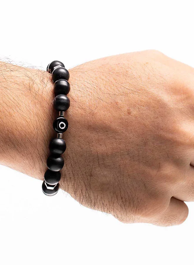CHRYSOSTOMOS Handmade Beaded Men's Bracelet with Matte Black Nail, Silver Hematite and Glass Eye, Durable Silicone
