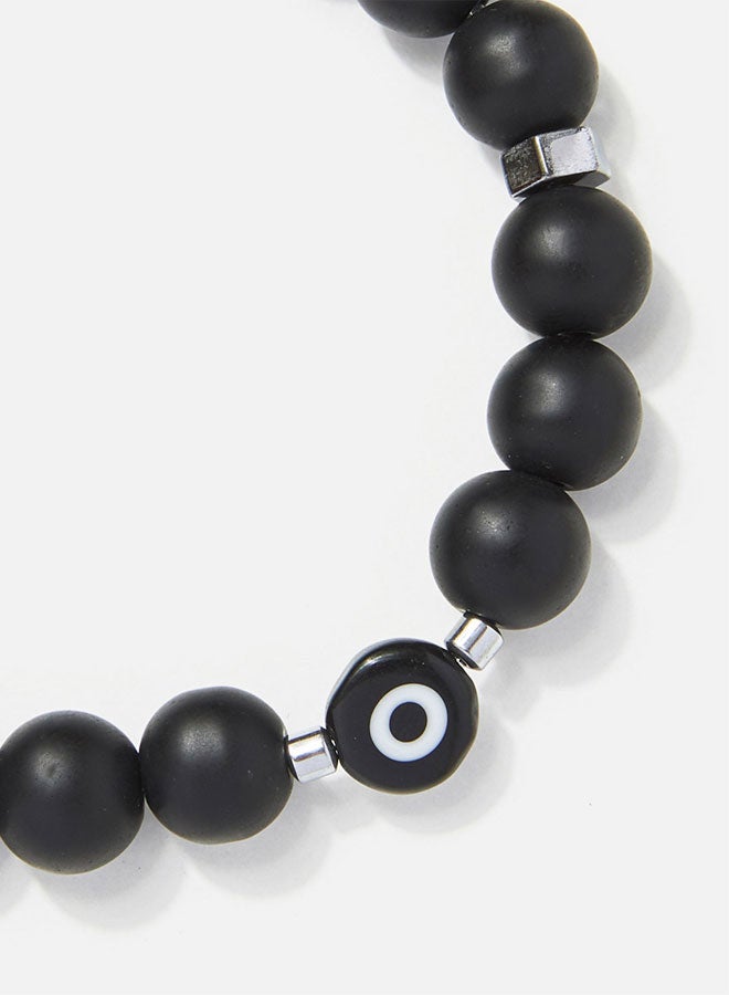 CHRYSOSTOMOS Handmade Beaded Men's Bracelet with Matte Black Nail, Silver Hematite and Glass Eye, Durable Silicone - Image 2