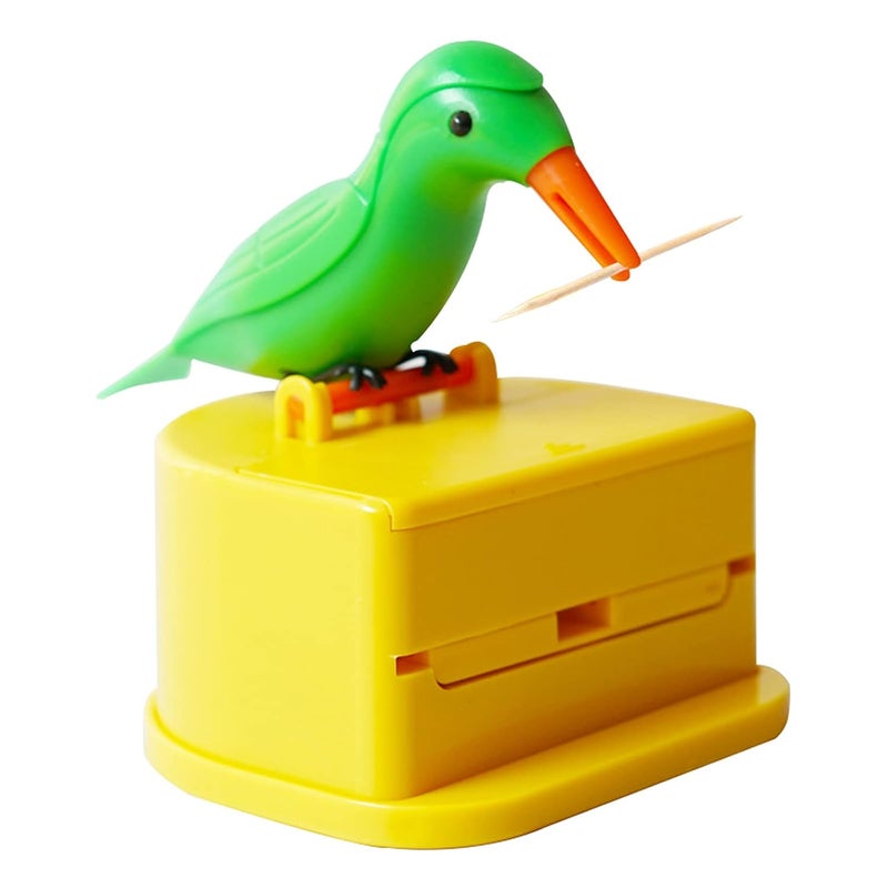 Dephnes Woodpecker Toothpick Dispenser Little Bird Pushtype Automatic Toothpick Holder with a Toothpick Box Portable Plastic Kitchen Decoration 1PCS Yellow Green - Image 1