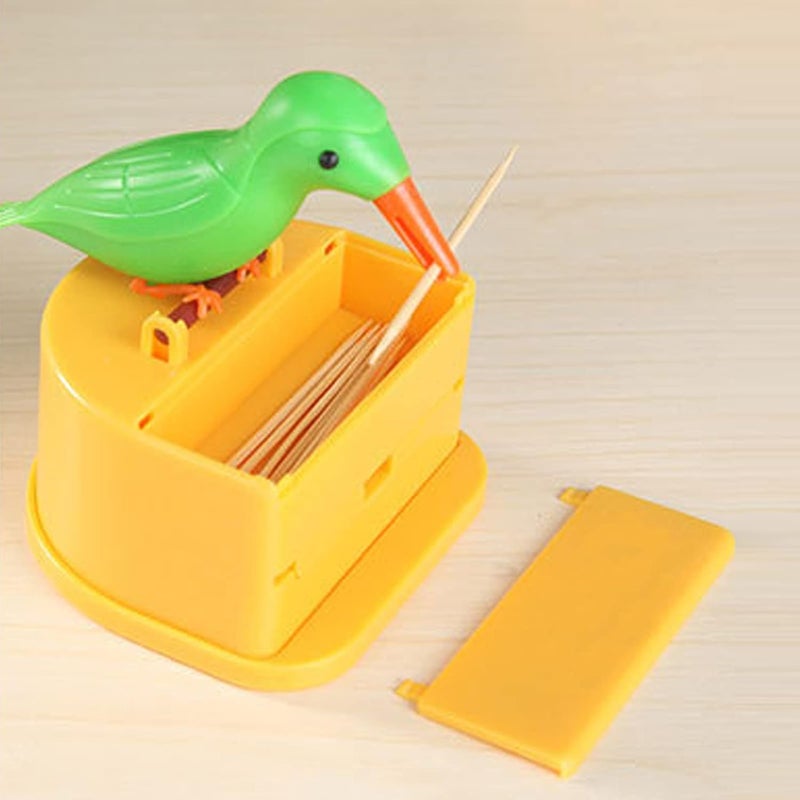Dephnes Woodpecker Toothpick Dispenser Little Bird Pushtype Automatic Toothpick Holder with a Toothpick Box Portable Plastic Kitchen Decoration 1PCS Yellow Green - Image 5