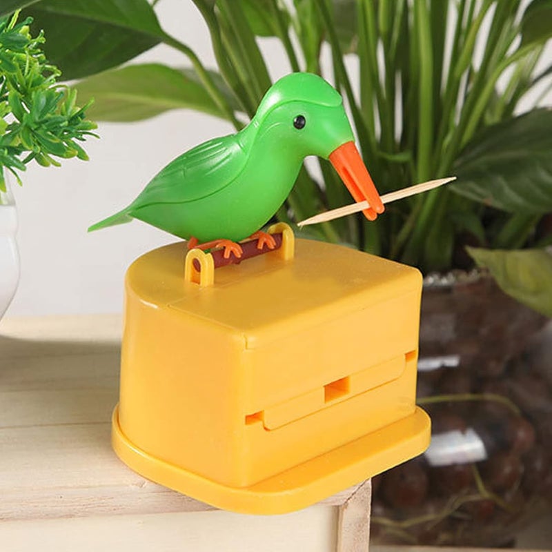 Dephnes Woodpecker Toothpick Dispenser Little Bird Pushtype Automatic Toothpick Holder with a Toothpick Box Portable Plastic Kitchen Decoration 1PCS Yellow Green - Image 3