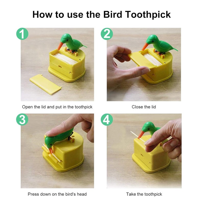 Dephnes Woodpecker Toothpick Dispenser Little Bird Pushtype Automatic Toothpick Holder with a Toothpick Box Portable Plastic Kitchen Decoration 1PCS Yellow Green - Image 2