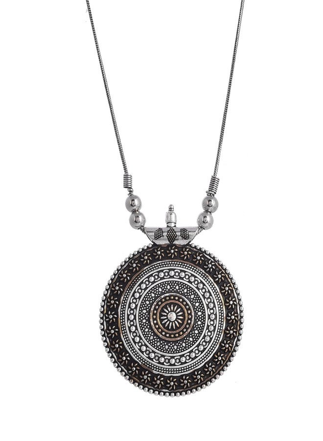 NAMAN ARTS Oxidised Dual Tone Large Round Mandala Pendant Necklace for Women | Antique Gold Circular Charm | Pure Brass Lightweight Ethnic Boho Chain Necklace - Image 1