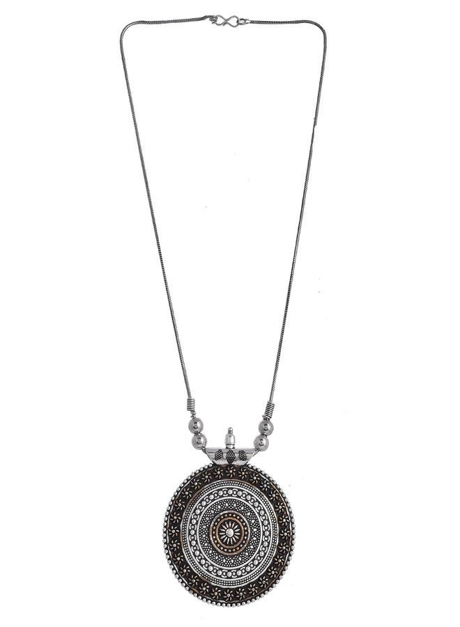 NAMAN ARTS Oxidised Dual Tone Large Round Mandala Pendant Necklace for Women | Antique Gold Circular Charm | Pure Brass Lightweight Ethnic Boho Chain Necklace - Image 2