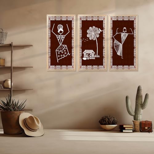walllane Warli Wall Art for Wall Decoration | Traditional Indian Art Wall Décor Paintings Set of 3 (10x19 inch, B) - Image 3