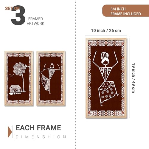 walllane Warli Wall Art for Wall Decoration | Traditional Indian Art Wall Décor Paintings Set of 3 (10x19 inch, B) - Image 2