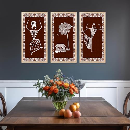 walllane Warli Wall Art for Wall Decoration | Traditional Indian Art Wall Décor Paintings Set of 3 (10x19 inch, B) - Image 5