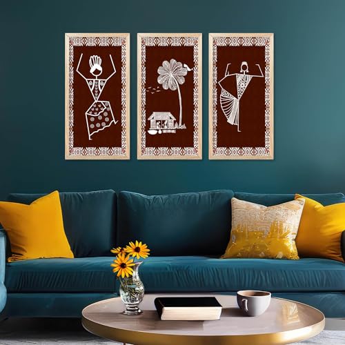 walllane Warli Wall Art for Wall Decoration | Traditional Indian Art Wall Décor Paintings Set of 3 (10x19 inch, B) - Image 4