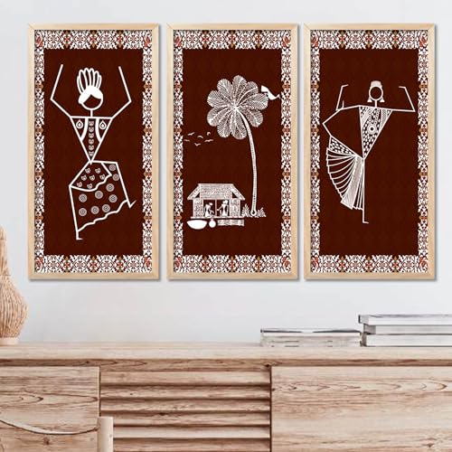 walllane Warli Wall Art for Wall Decoration | Traditional Indian Art Wall Décor Paintings Set of 3 (10x19 inch, B) - Image 1